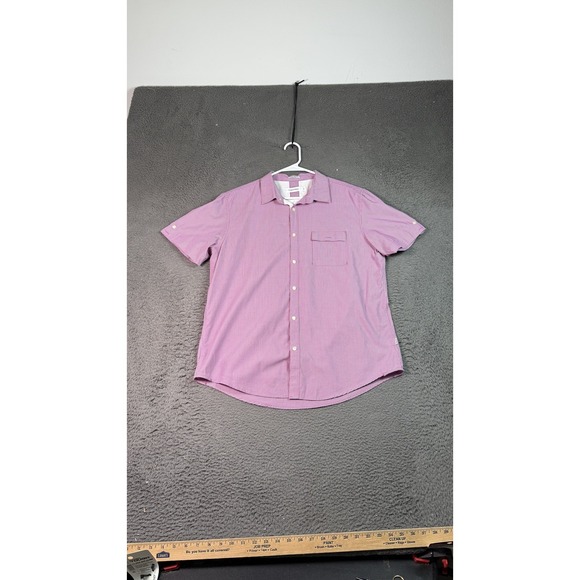 Calvin Klein Shirt Mens Large‎ Pink White Stripe Short Sleeve Button Up Pocket - Picture 1 of 9
